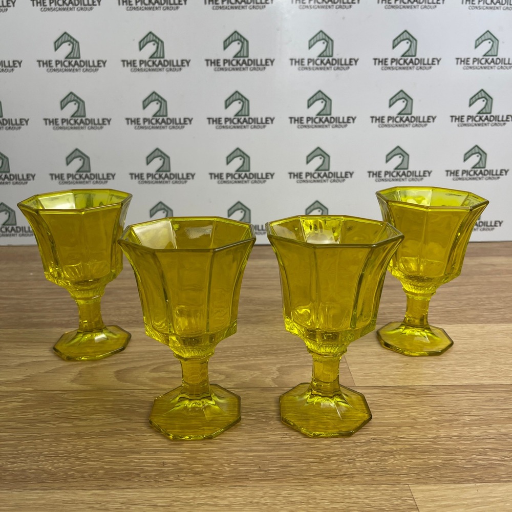 Vintage Yellow Pressed Glass Goblets Set of 4 Octagonal Paneled Pedestal 5 Inch